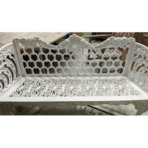 299 - A VICTORIAN 'CARRON' WHITE CAST IRON BENCH, circa 1860, Rococo revival style, scrolled arms and legs... 