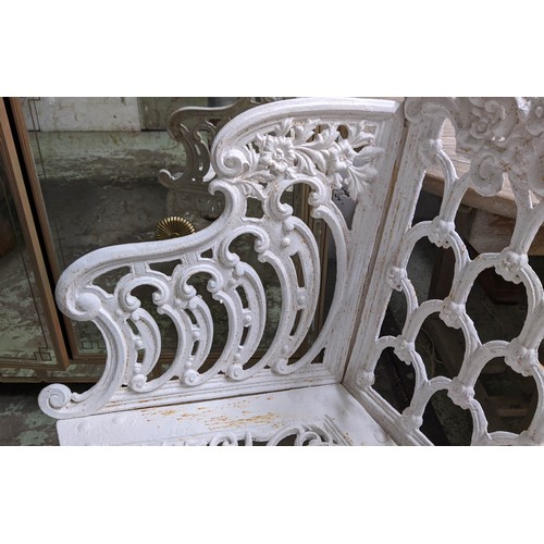 299 - A VICTORIAN 'CARRON' WHITE CAST IRON BENCH, circa 1860, Rococo revival style, scrolled arms and legs... 