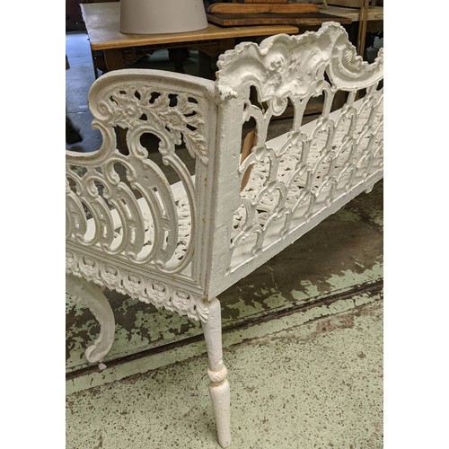 299 - A VICTORIAN 'CARRON' WHITE CAST IRON BENCH, circa 1860, Rococo revival style, scrolled arms and legs... 