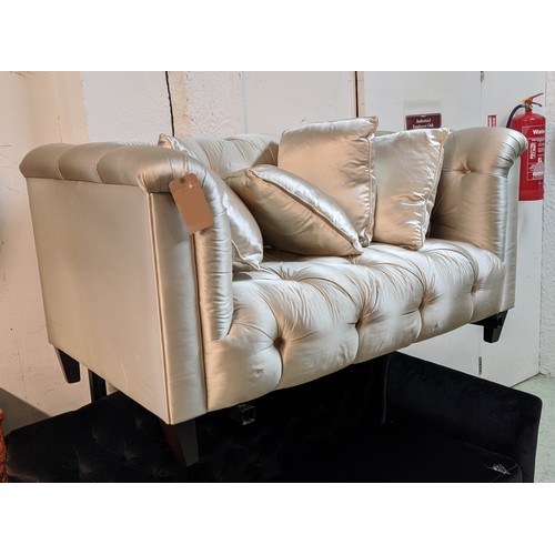 367 - SOFA, 150cm W x 93cm D x 80cm H, in a silvery Champagne buttoned satin fabric.