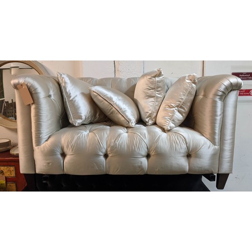 367 - SOFA, 150cm W x 93cm D x 80cm H, in a silvery Champagne buttoned satin fabric.