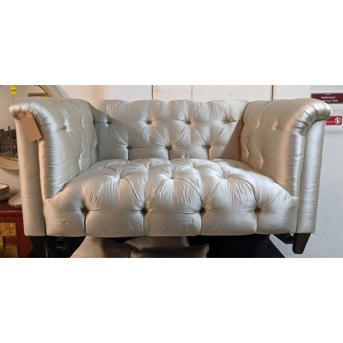 367 - SOFA, 150cm W x 93cm D x 80cm H, in a silvery Champagne buttoned satin fabric.