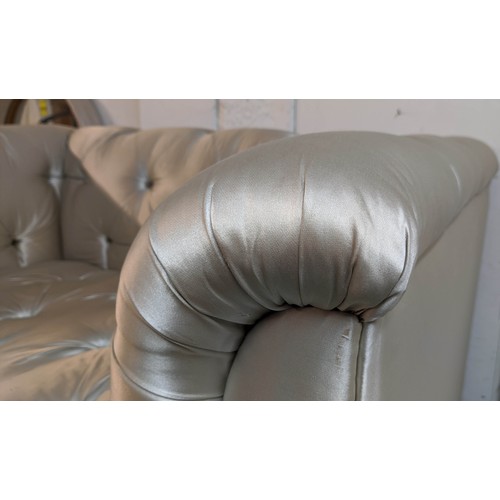 367 - SOFA, 150cm W x 93cm D x 80cm H, in a silvery Champagne buttoned satin fabric.