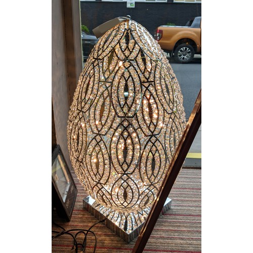 456 - EGG SHAPED LAMP, 930cm H, in polished metal with cut glass droplets.