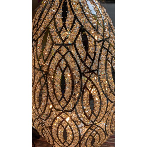 456 - EGG SHAPED LAMP, 930cm H, in polished metal with cut glass droplets.