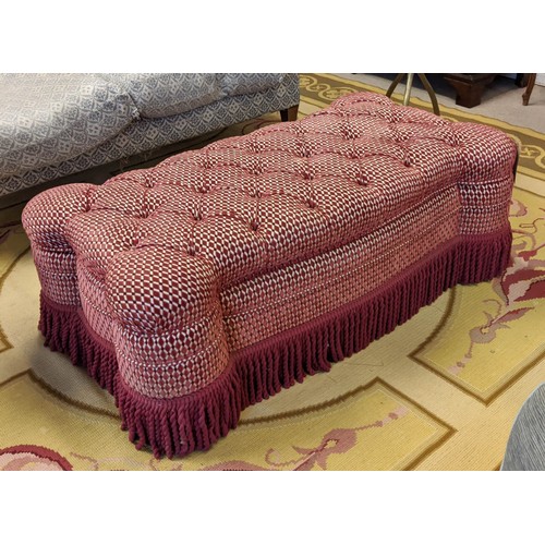 460 - FOOTSTOOL, by George Smith, 132cm W x 76cm D x 46cm H, in a patterned chenille with bullion fringe.