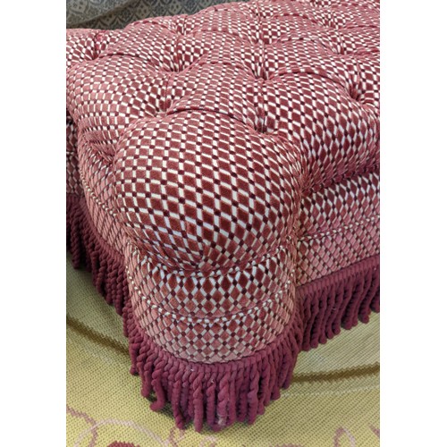 460 - FOOTSTOOL, by George Smith, 132cm W x 76cm D x 46cm H, in a patterned chenille with bullion fringe.