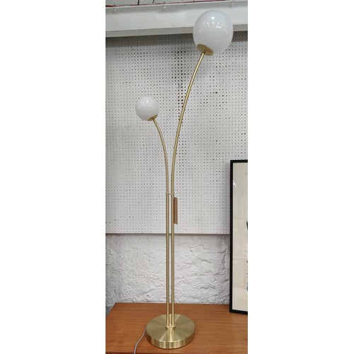 363 - FLOOR LAMP, 158cm H with two white shades.