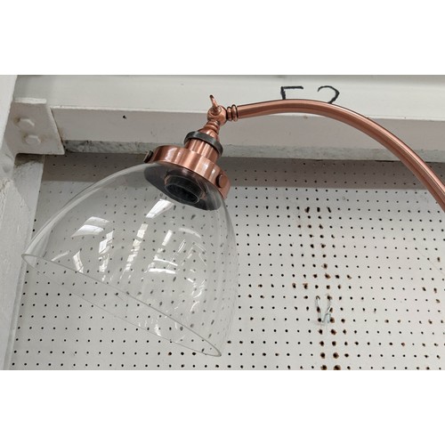 364 - FLOOR LAMP, 150cm H in a copper finish with a glass shade.