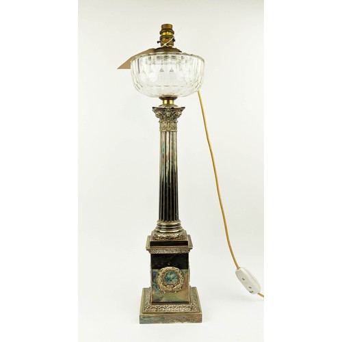 416 - COLUMN LAMP, 66cm tall, silver plate with cut glass detail, converted from an oil lamp.