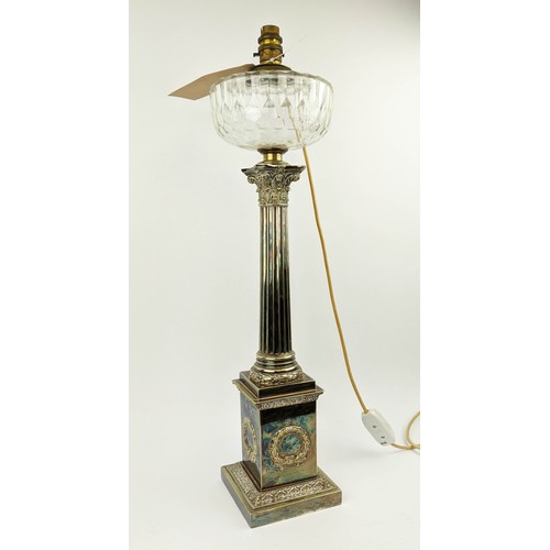 416 - COLUMN LAMP, 66cm tall, silver plate with cut glass detail, converted from an oil lamp.