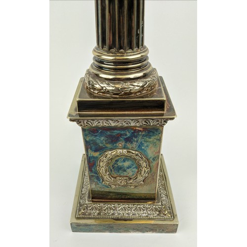 416 - COLUMN LAMP, 66cm tall, silver plate with cut glass detail, converted from an oil lamp.