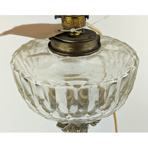 416 - COLUMN LAMP, 66cm tall, silver plate with cut glass detail, converted from an oil lamp.