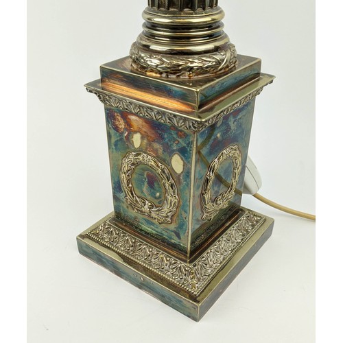 416 - COLUMN LAMP, 66cm tall, silver plate with cut glass detail, converted from an oil lamp.