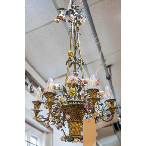 185 - CHANDELIER, 44cm W x 84cm tall, gilt metal of hanging basket form with porcelain flower detail.