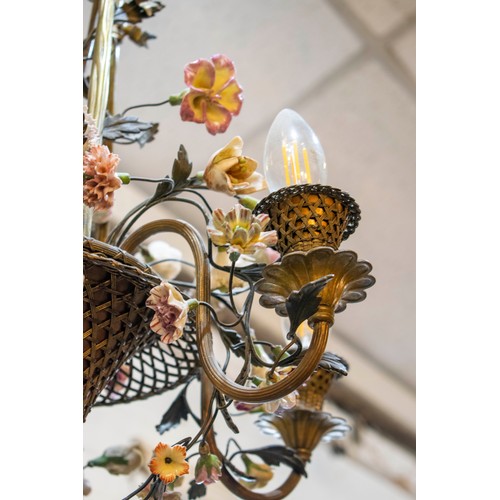 185 - CHANDELIER, 44cm W x 84cm tall, gilt metal of hanging basket form with porcelain flower detail.