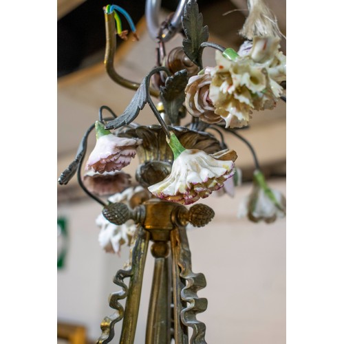 185 - CHANDELIER, 44cm W x 84cm tall, gilt metal of hanging basket form with porcelain flower detail.