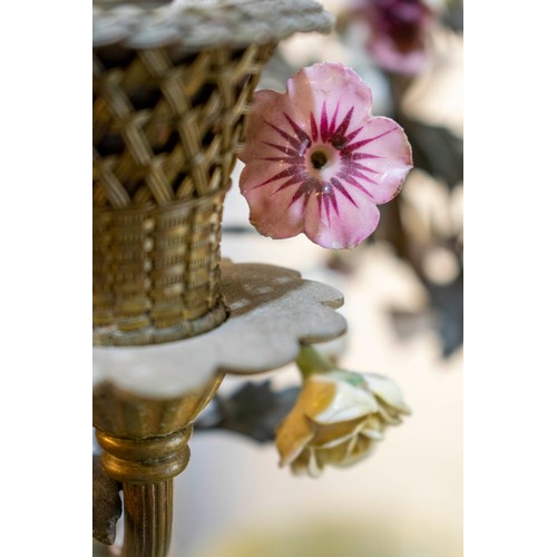 185 - CHANDELIER, 44cm W x 84cm tall, gilt metal of hanging basket form with porcelain flower detail.