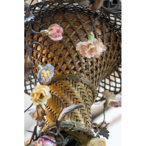 185 - CHANDELIER, 44cm W x 84cm tall, gilt metal of hanging basket form with porcelain flower detail.