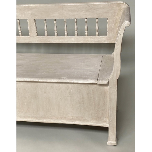 122 - COUNTRY HOUSE HALL BENCH, 19th century Continental grey painted with rail back and hinged seat, 235c... 