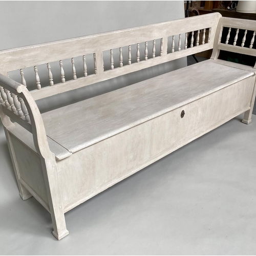 122 - COUNTRY HOUSE HALL BENCH, 19th century Continental grey painted with rail back and hinged seat, 235c... 