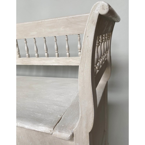 122 - COUNTRY HOUSE HALL BENCH, 19th century Continental grey painted with rail back and hinged seat, 235c... 