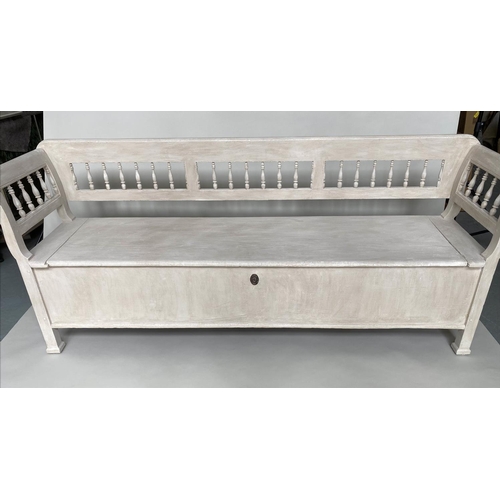 122 - COUNTRY HOUSE HALL BENCH, 19th century Continental grey painted with rail back and hinged seat, 235c... 