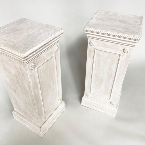 128 - PLINTHS, a pair, Neo Clasically decorated and grey painted, 35cm W x 35cm D x 82cm H. (2)