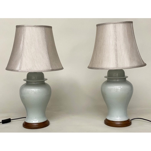 287 - TABLE LAMPS, a pair, Chinese Duch Egg blue ceramic of ginger jar form with silk style shades, 65cm H... 