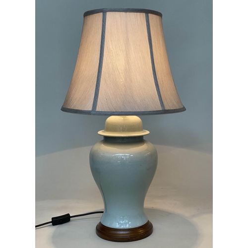 287 - TABLE LAMPS, a pair, Chinese Duch Egg blue ceramic of ginger jar form with silk style shades, 65cm H... 