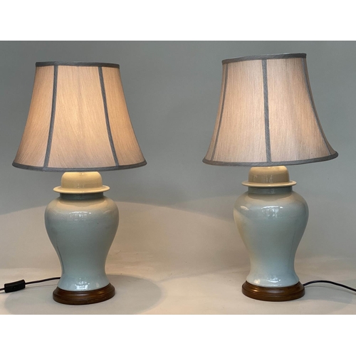 287 - TABLE LAMPS, a pair, Chinese Duch Egg blue ceramic of ginger jar form with silk style shades, 65cm H... 