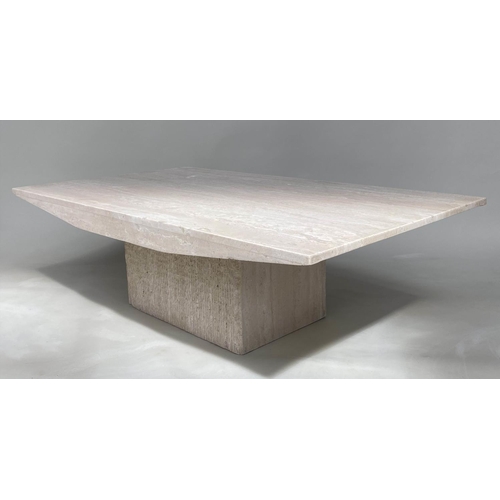 289 - TRAVERTINE LOW TABLE, 1970s Italian marble, rectangular with shaped sides and plinth base.