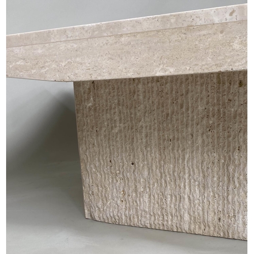 289 - TRAVERTINE LOW TABLE, 1970s Italian marble, rectangular with shaped sides and plinth base.