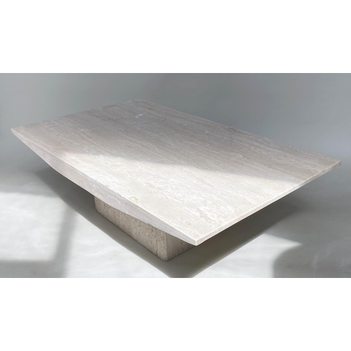 289 - TRAVERTINE LOW TABLE, 1970s Italian marble, rectangular with shaped sides and plinth base.