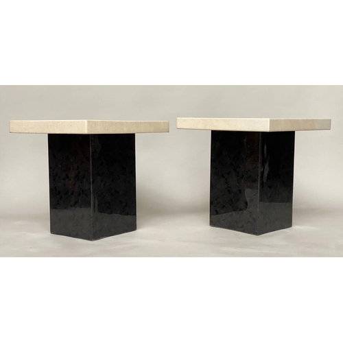 296 - TRAVERTINE LAMP TABLES, a pair, Italian marble each square with black marble inset and plinth, 55cm ... 