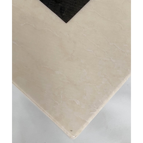 296 - TRAVERTINE LAMP TABLES, a pair, Italian marble each square with black marble inset and plinth, 55cm ... 