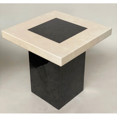 296 - TRAVERTINE LAMP TABLES, a pair, Italian marble each square with black marble inset and plinth, 55cm ... 