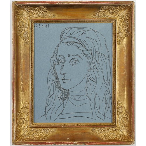 52 - PABLO PICASSO, Jacqueline, linocut, dated in the plate, French vintage Empire frame, 26cm x 20.5cm. ... 