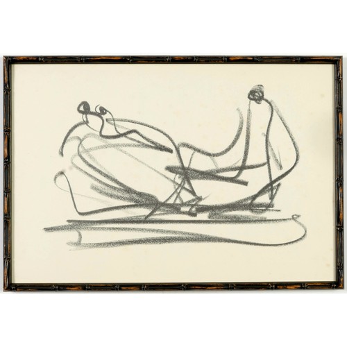 46 - HENRY MOORE, a pair of abstract off set lithographs, black faux bamboo frame. 49cm x 30cm.