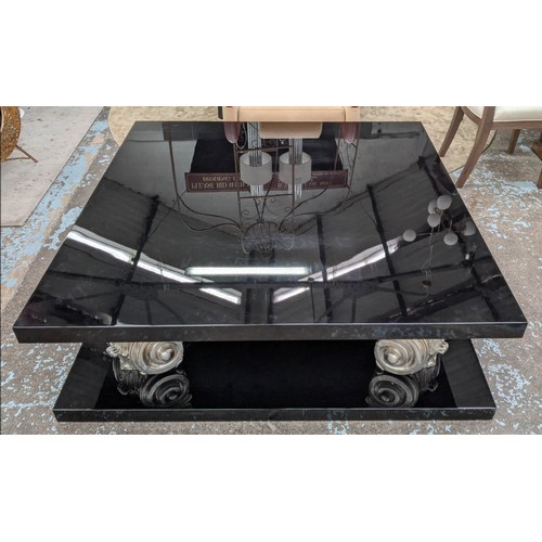 339 - COFFEE TABLE, 140cm sq. x 55cm, black high gloss finish, with silver gilt decorative supports.