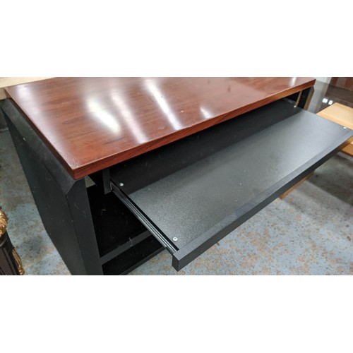 283 - COMPUTER DESK, black base, with two sliding shelves for keyboard and printer, 113cm x 57cm x 74cm.