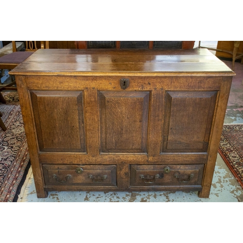 131 - MULE CHEST, 85cm H x 115cm W x 51cm D, Georgian oak with hinged top above two drawers.