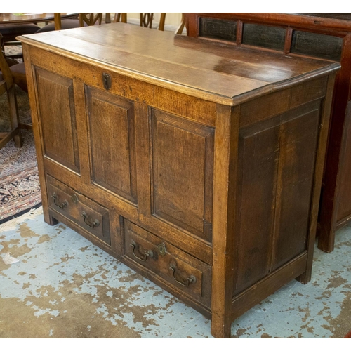 131 - MULE CHEST, 85cm H x 115cm W x 51cm D, Georgian oak with hinged top above two drawers.