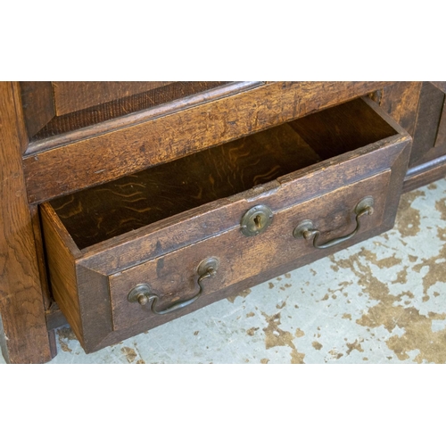 131 - MULE CHEST, 85cm H x 115cm W x 51cm D, Georgian oak with hinged top above two drawers.