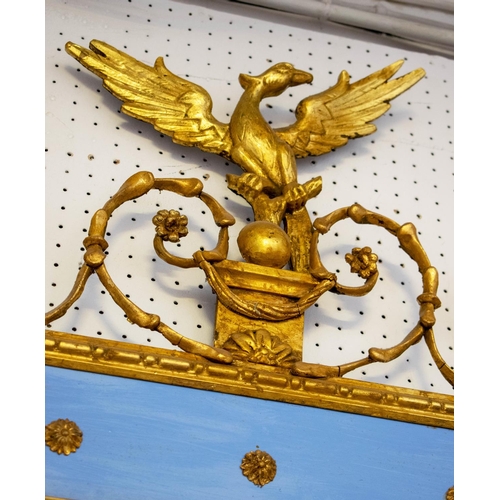 133 - OVERMANTEL, 110cm H x 104cm W, Regency style blue painted with scroll and bird surmount.