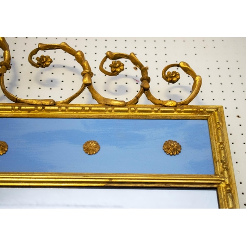 133 - OVERMANTEL, 110cm H x 104cm W, Regency style blue painted with scroll and bird surmount.