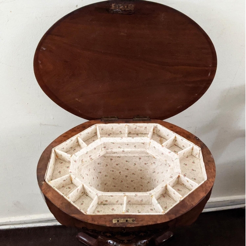 141 - WORK TABLE AND OPEN ARMCHAIR, the Victorian work table, walnut veneered with ebonised and marquetry ... 