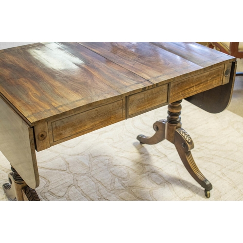 146 - SOFA TABLE, 71cm H x 93cm x 63cm D, 150cm open, Regency mahogany and banded with two drawers and bra... 