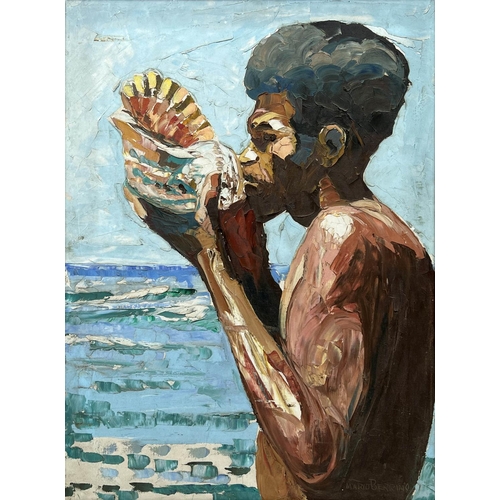 29 - MARIO BERRINO (Italian 1920-2011) 'Islander with Conch Shell', oil on canvas, 68cm x 48cm, framed.