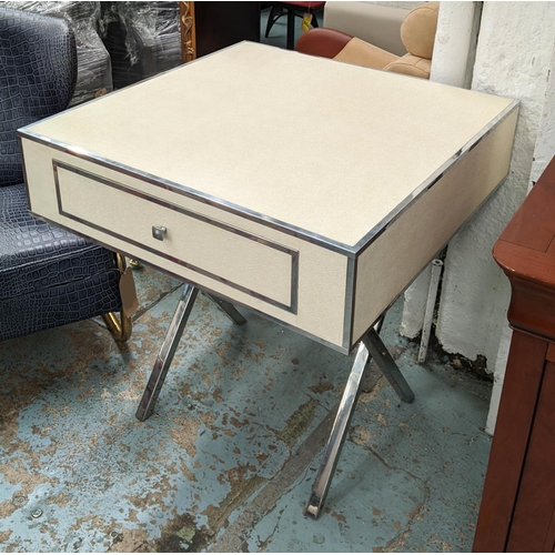 390 - SIDE TABLE, 80cm x 80.5cm x 85cm, faux shagreen finish with two drawers, polished metal X frame supp... 